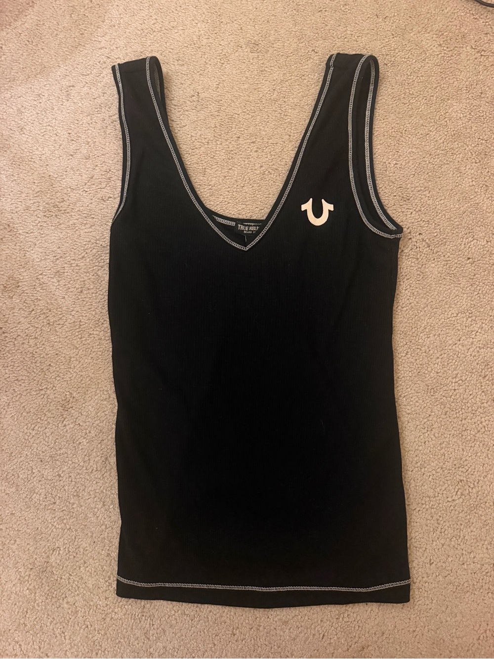True Religion Black V-Neck Ribbed Tank with Logo